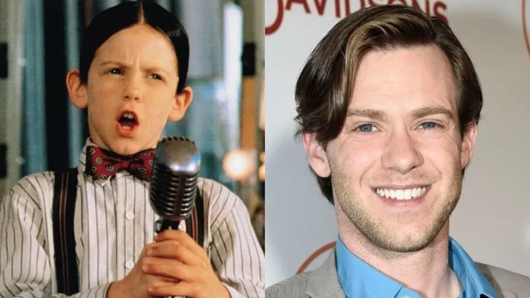 Criança cantando ao microfone em cena do filme Os Batutinhas com roupa formal; ao lado, Bug Hall adulto sorrindo em retrato com fundo neutro