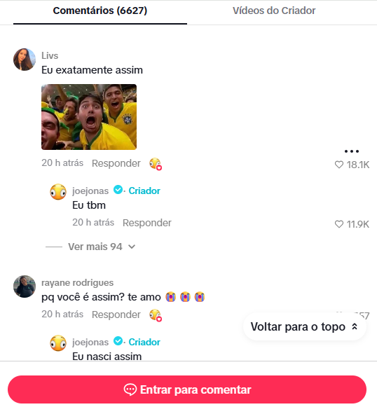 Joe Jonas responde seguidores em português nos comentários de vídeo nas redes sociais, gerando engajamento entre fãs brasileiros