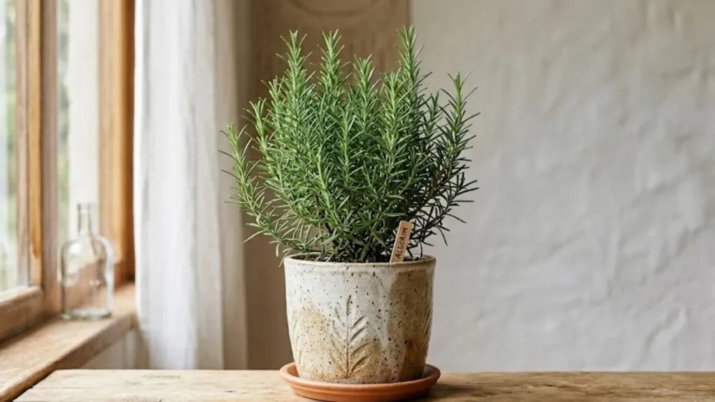 Alecrim em casa: o erro comum que pode prejudicar sua planta e como evitá-lo Alecrim em vaso ornamental sobre bancada de madeira em ambiente interno.
