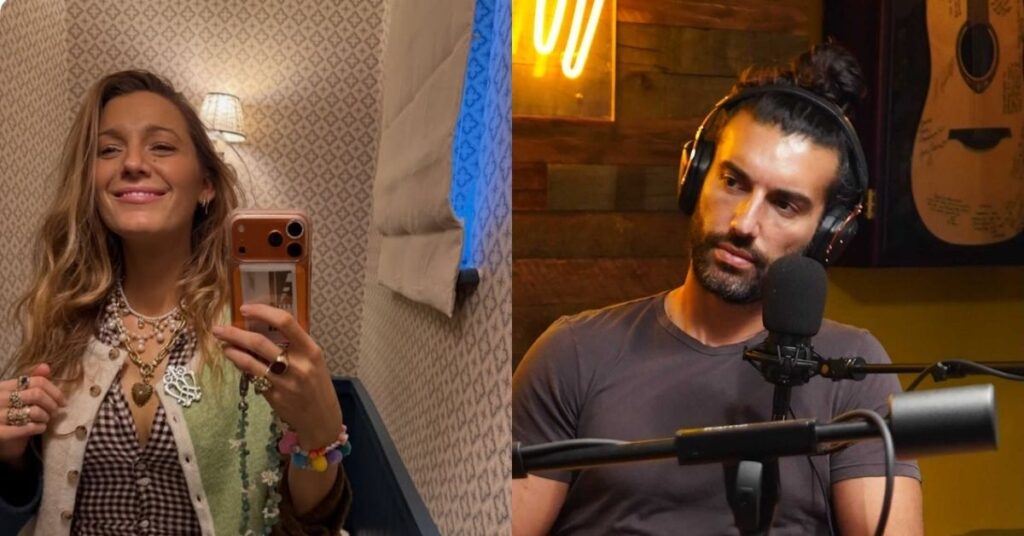 Blake Lively x Justin Baldoni: Justiça surpreende e muda rumo do caso; entenda Blake Lively tira selfie no espelho e Justin Baldoni participa de podcast com microfone e fones durante entrevista