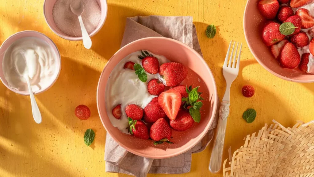 Café da manhã com frutas: como evitar picos de glicose e manter a energia estável Tigela com morangos e iogurte natural sobre mesa amarela, representando café da manhã equilibrado com frutas para controle da glicose