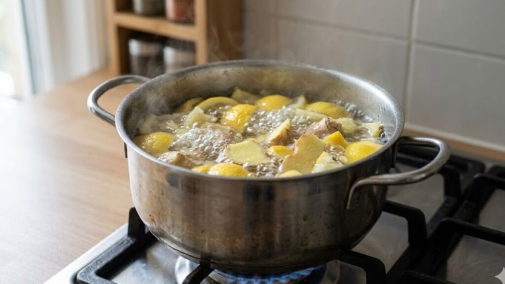 Panela de inox sobre fogão com cascas de limão e gengibre fervendo.