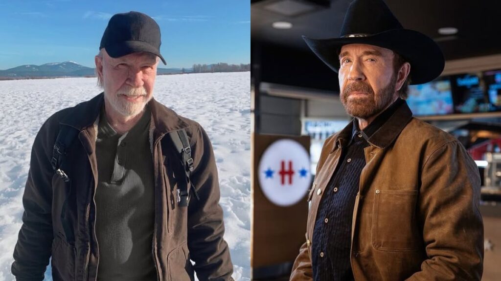 Chuck Norris, homem idoso de barba com boné em paisagem nevada ao lado de versão com chapéu cowboy em ambiente interno iluminado.