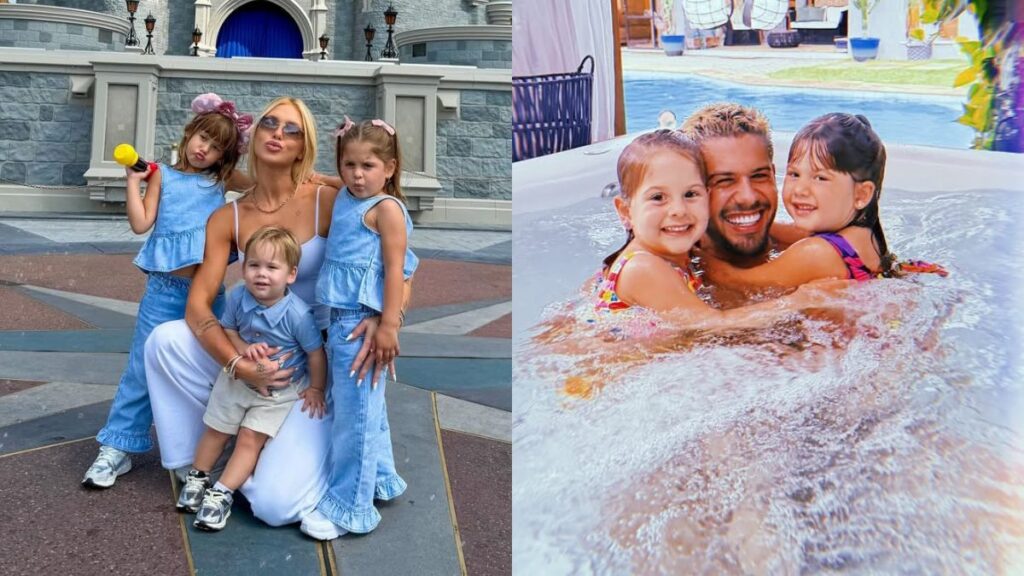 Virginia Fonseca com três crianças posando em parque temático; Zé Felipe abraça duas crianças sorrindo em piscina.