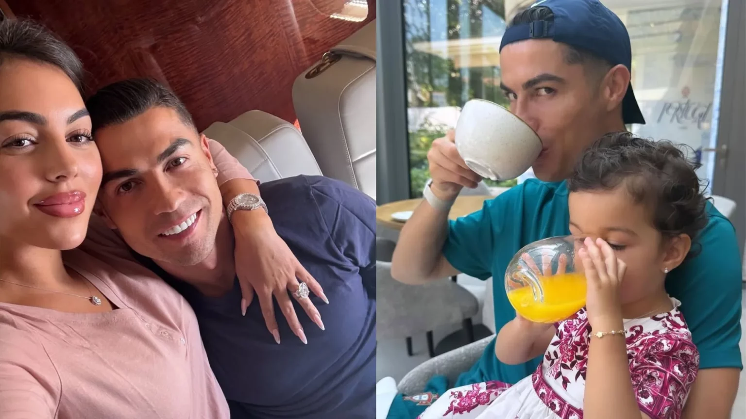 Cristiano Ronaldo com Georgina em um avião e, ao lado, ele tomando café enquanto a filha bebe suco.