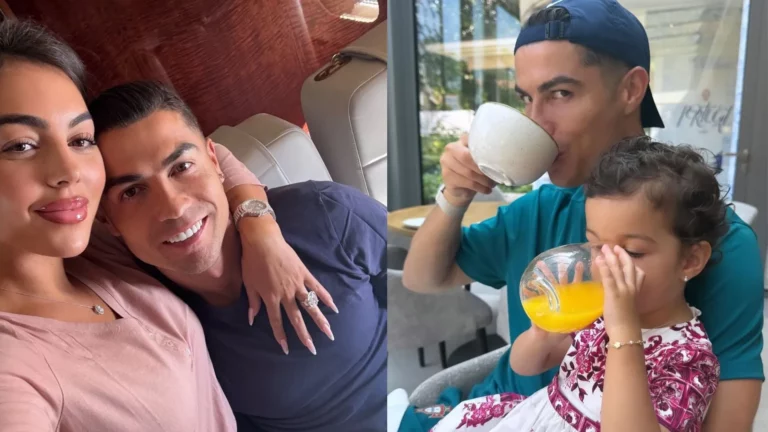 Cristiano Ronaldo com Georgina em um avião e, ao lado, ele tomando café enquanto a filha bebe suco.