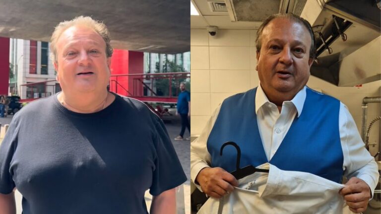 Erick Jacquin, homem de meia-idade em área externa urbana; ao lado, o mesmo homem veste colete azul em cozinha profissional.