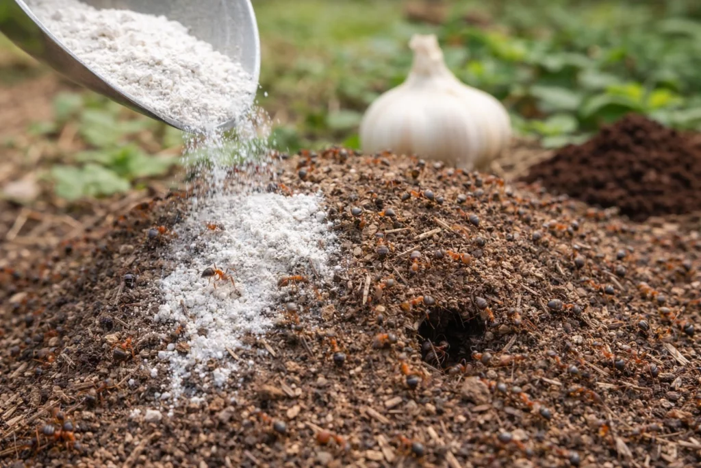 terra diatomácea sendo aplicada sobre formigueiro com várias formigas em área de jardim, com foco no controle natural da infestação