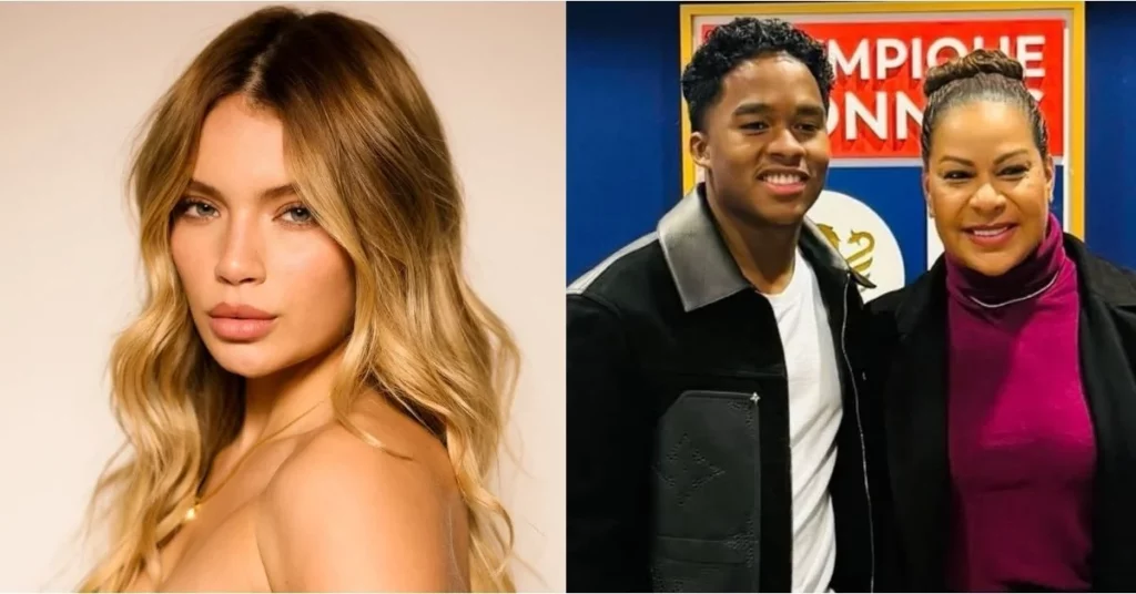 Gabriely Miranda em destaque ao lado de Endrick e sua mãe Cíntia Ramos em montagem que ilustra rumores de tensão familiar após indiretas nas redes sociais