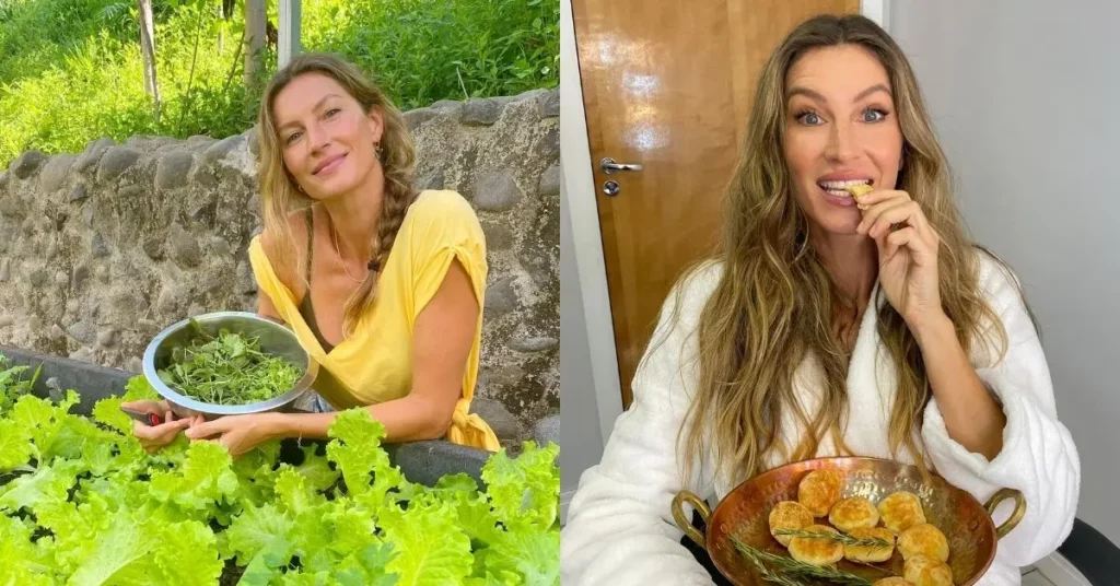 Gisele Bündchen revela o que a fez desistir do veganismo; entenda o caso Gisele Bündchen colhe folhas verdes em horta e aparece comendo pão de queijo em montagem sobre hábitos alimentares