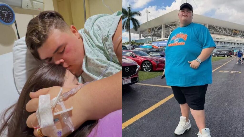 Gordão da XJ hospitalizado abraça mulher com acesso venoso no braço; ao lado, o mesmo jovem posa em estacionamento de estádio.