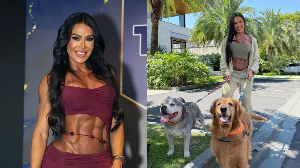 Gracyanne Barbosa surpreende com novo visual após retirada de procedimentos; confira Montagem com Gracyanne barbosa em dois momentos: posando com look de academia e passeando com os cachorros