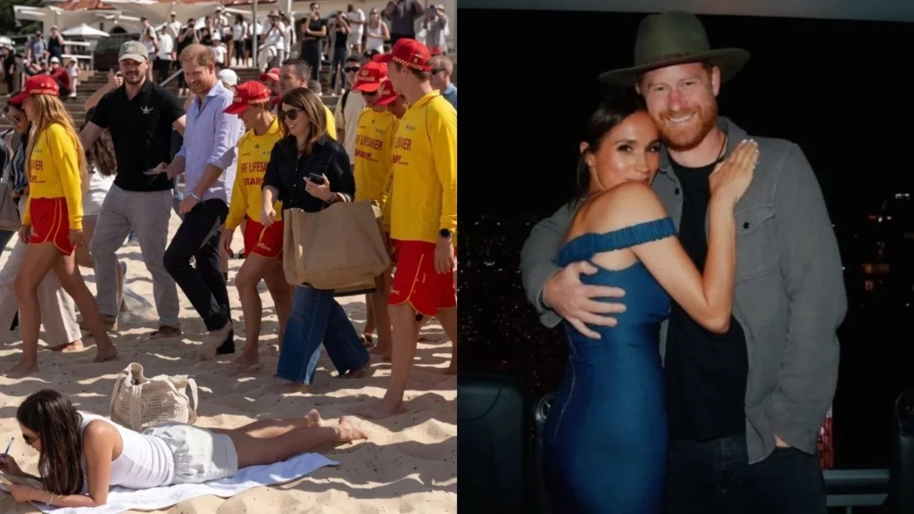 Harry e Meghan Markle durante visita à praia na Austrália com público ao redor