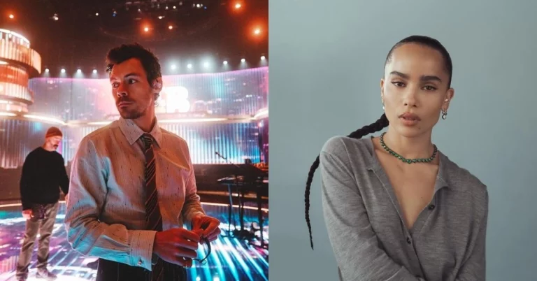 Montagem com Harry Styles em palco iluminado e Zoë Kravitz em retrato posado com fundo neutro