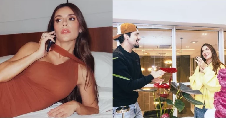 Jade Magalhães deitada usando vestido marrom fala ao telefone enquanto Luan Santana aparece em outro momento entregando surpresa com flores