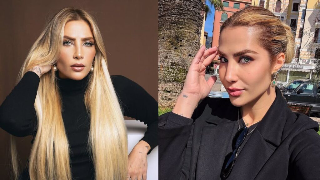 Filha de Leonardo, Jéssica Beatriz compra 1º apartamento aos 32 anos Jéssica Beatriz Costa, mulher loira de olhos claros, posa em estúdio com roupa preta e aparece em selfie ao ar livre com blazer e acessórios.