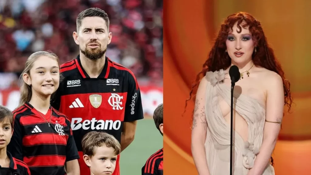 Jorginho, jogador com crianças em campo usando uniforme vermelho e preto; ao lado, Chappel Roan, cantora ruiva discursa ao microfone em palco iluminado.