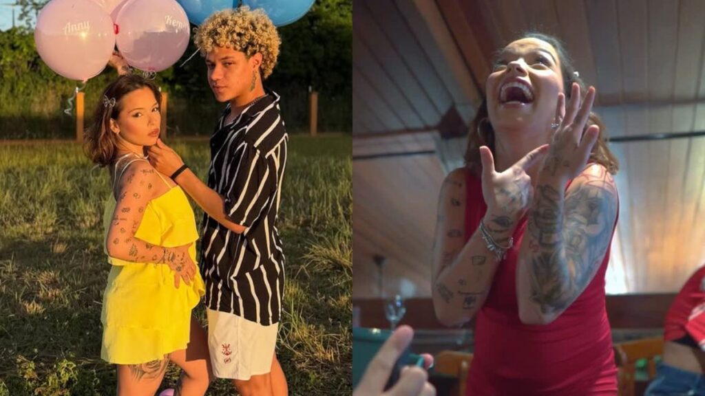 Kamylinha Santos e Andyn com balões em campo ao pôr do sol; mulher tatuada comemora com alegria em restaurante ao receber pedido de casamento.