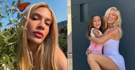 Karoline Lima em selfie ao ar livre e em momento com a filha Cecília em casa