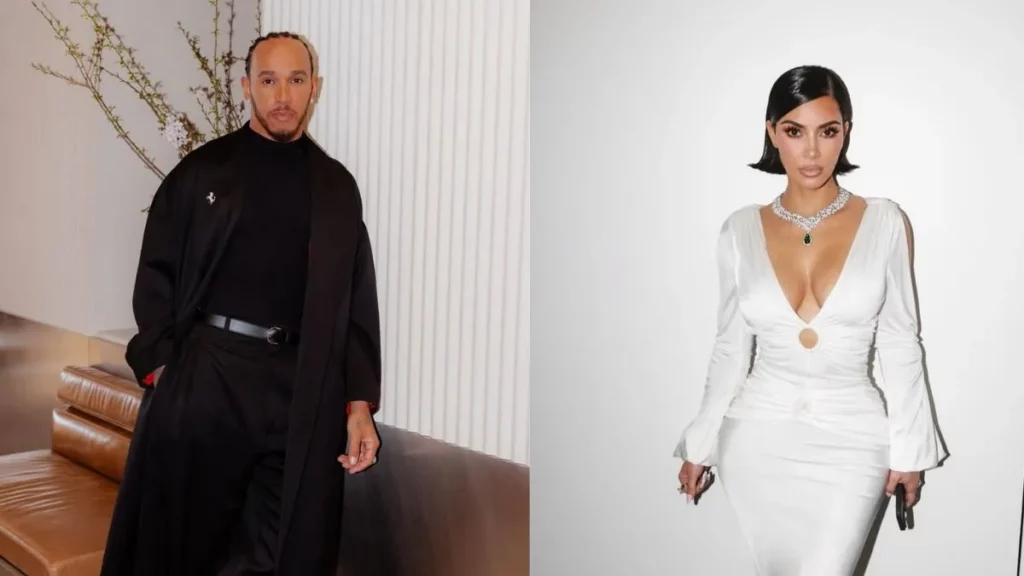 Kim Kardashian e Lewis Hamilton são flagrados juntos no Coachella; assista À esquerda, o piloto Lewis Hamilton posa com look todo preto elegante em um ambiente interno; à direita, a empresária Kim Kardashian aparece com vestido branco justo e decote profundo, usando joias marcantes, em fundo neutro.