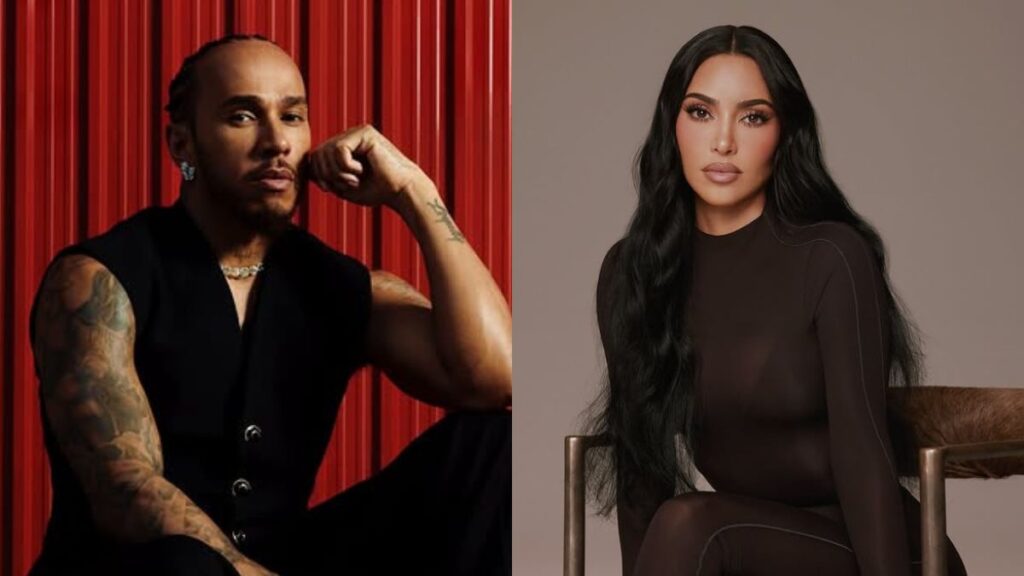 Lewis Hamilton, homem tatuado com colete preto posa diante de fundo vermelho; Kim Kardashian, mulher de cabelo longo veste roupa justa em tom neutro sentada em cadeira.