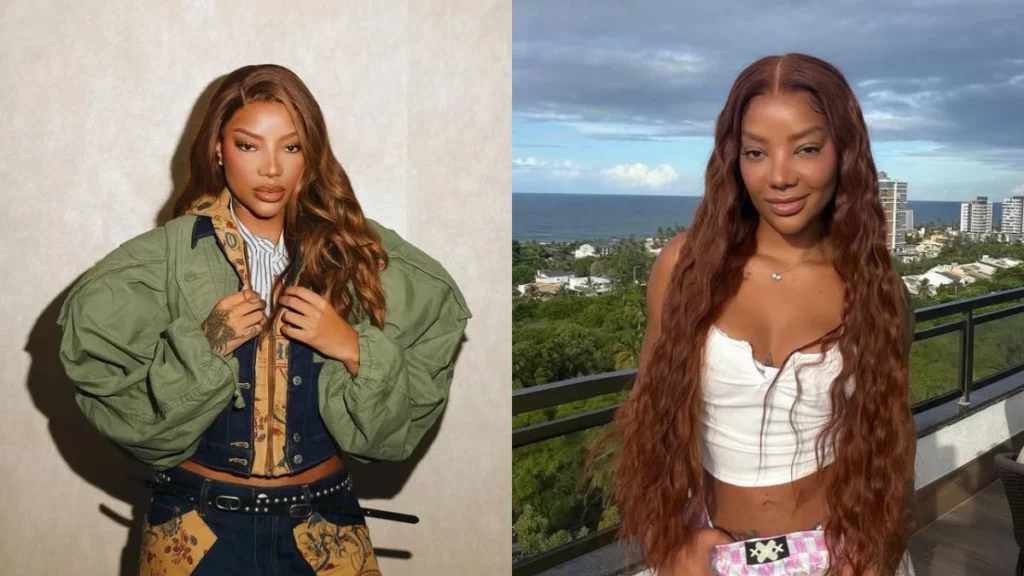Ludmilla, mulher negra de cabelos longos em dois looks: jaqueta volumosa em estúdio e top branco em varanda com vista para o mar.