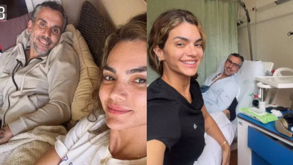 Mico Freitas detalha momentos de tensão com Kelly Key após AVC: ‘perdi o chão’ Kelly Key sorrindo em selfie com Mico Freitas em casa e depois em quarto de hospital com ele deitado na cama.