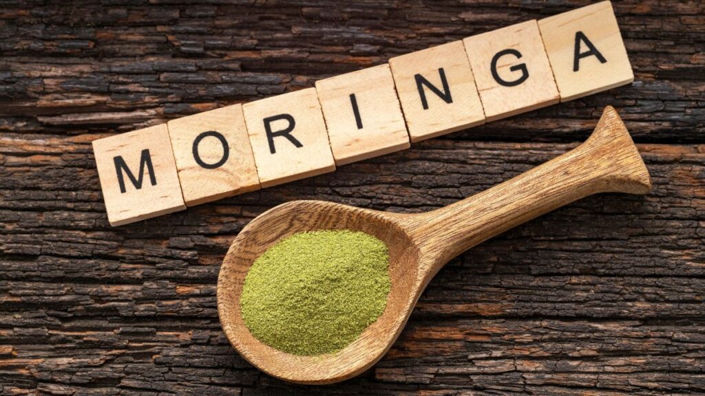 Folha nutritiva ganha espaço por ajudar na saúde dos ossos de forma natural Colher de madeira com pó de moringa sobre mesa rústica ao lado da palavra moringa formada por letras, representando suplemento natural rico em nutrientes