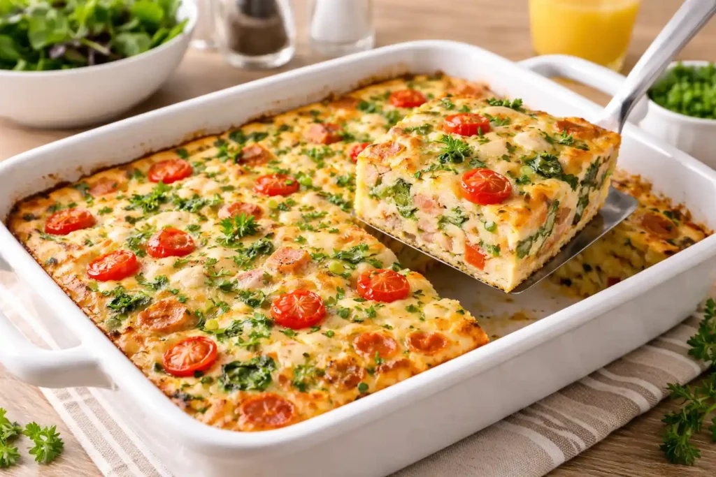 Omelete de forno na travessa viraliza por ser fácil e não sujar louça Ovo de forno em uma travessa branca