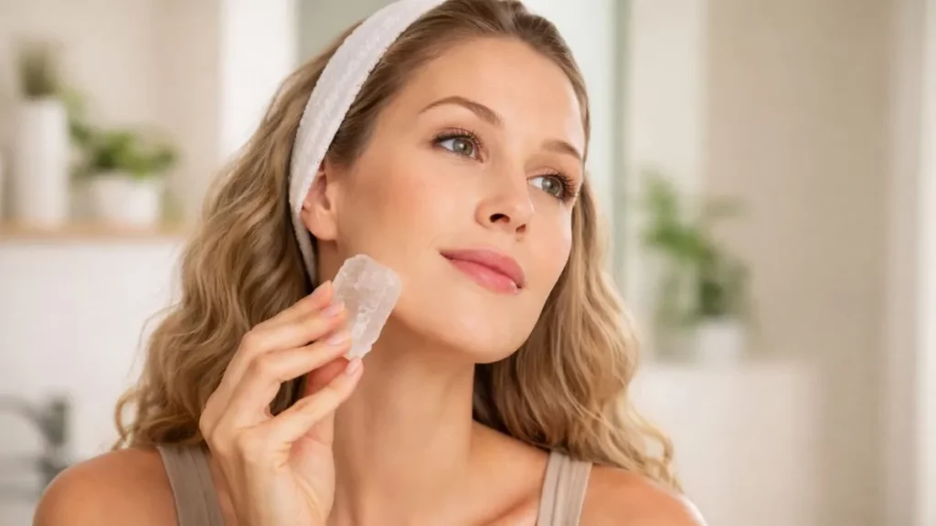 Pedra hume volta à rotina de beleza com promessa de pele mais firme Mulher jovem aplicando pedra hume no rosto em ambiente iluminado, segurando o cristal de alúmen com a mão durante rotina de cuidados com a pele para controle de oleosidade e aparência mais firme