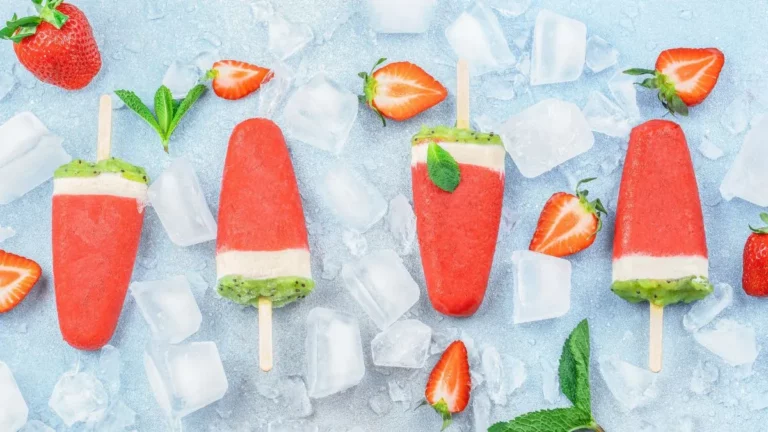 picolés de frutas coloridos sobre gelo com morangos e folhas de hortelã, sobremesa gelada caseira com textura refrescante