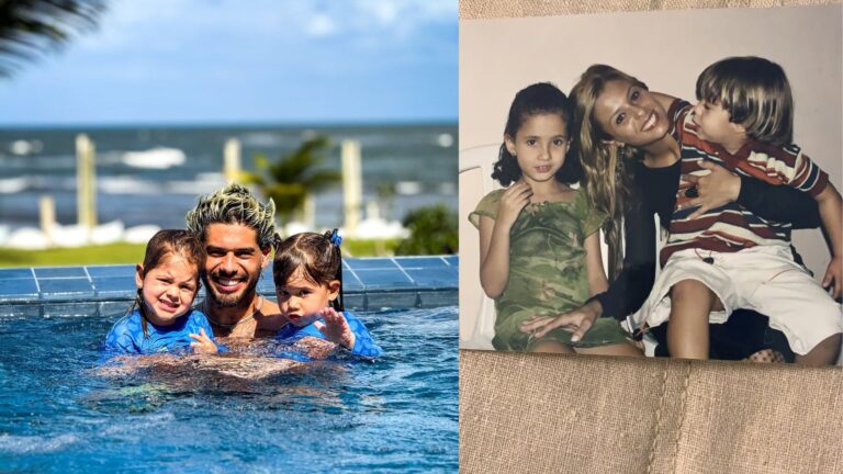 Montagem com Zé Felipe e as filhas Maria Flor, Maria Alice e ao lado uma foto de Poliana Rocha mais jóvem.