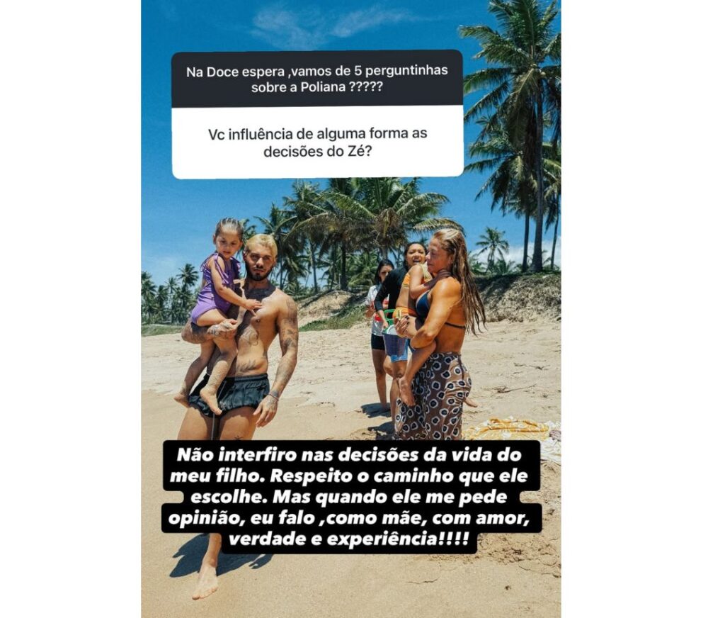 Mãe de Zé Felipe quebra o silêncio após decisão do cantor sobre os filhos; confira 1 Poliana posa em uma praia com Zé Felipe.