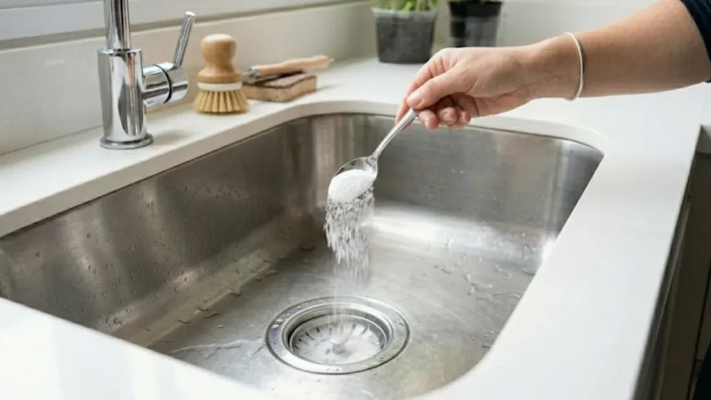 Cheiro ruim no ralo da pia: 3 formas simples de eliminar o mau odor rapidamente Mão despeja bicarbonato em ralo da pia de inox na cozinha.