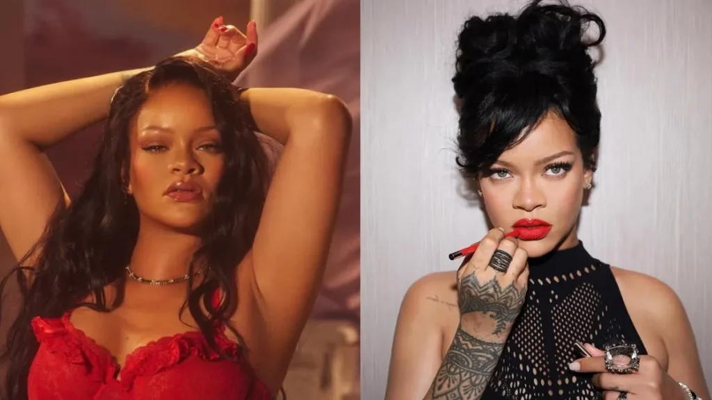 Rihanna com figurino vermelho posa com braços erguidos; ao lado, mesma mulher aplica batom com olhar marcante e cabelo preso.