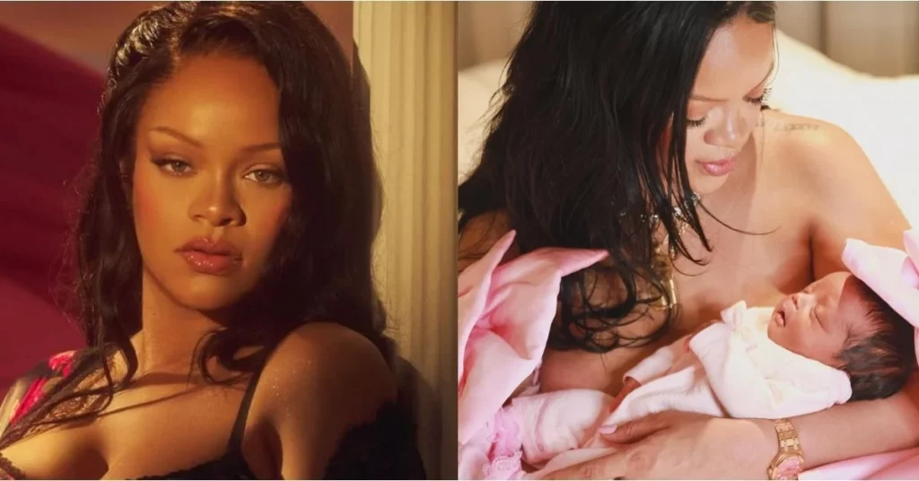 Filha de Rihanna rouba cena em capa e cantora reage: ‘Me deixou no chinelo’ Rihanna em ensaio fotográfico e ao lado segurando a filha bebê Rocki em sessão para capa de revista