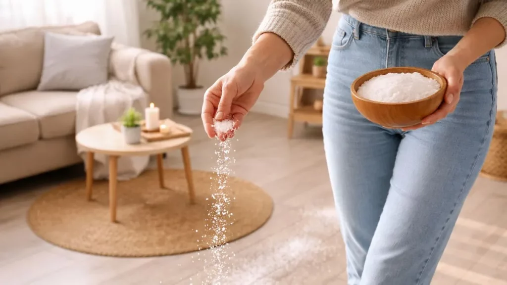 5 formas com sal grosso que prometem afastar energia ruim Uma pessoa usando sal grosso em casa.