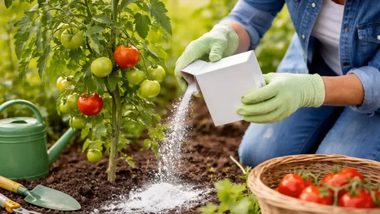 Jogar isso nas plantas pode salvar seu jardim e poucos sabem Uma pessoa colocando bicabornato de sódio num pé de tomate
