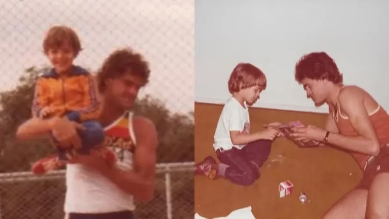 Tadeu Schmidt se despede do irmão, Oscar Schmidt: ‘maior ídolo’ Oscar Schmidt segura Tadeu Schmidt criança nos braços ao ar livre; ao lado, adulto e menino brincam sentados no chão em ambiente interno.