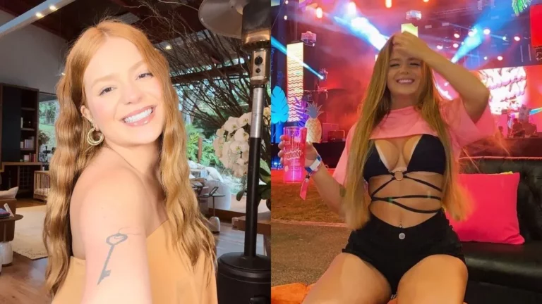 Viih Tube, mulher ruiva sorrindo em casa e em festival, usando look preto e rosa, com luzes coloridas ao fundo