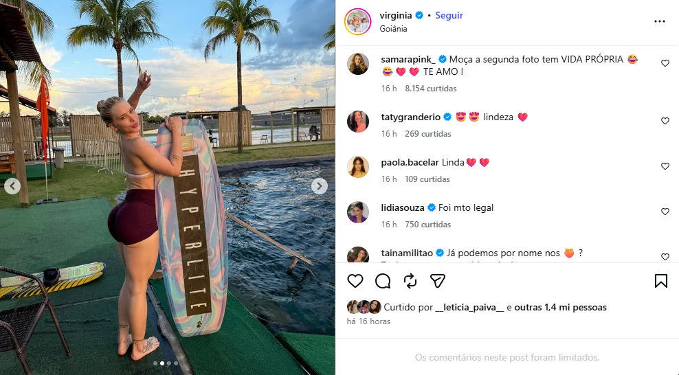 Virginia Fonseca aparece praticando wakeboard em foto publicada no Instagram, enquanto comentários destacam detalhe do corpo que viralizou entre seguidores
