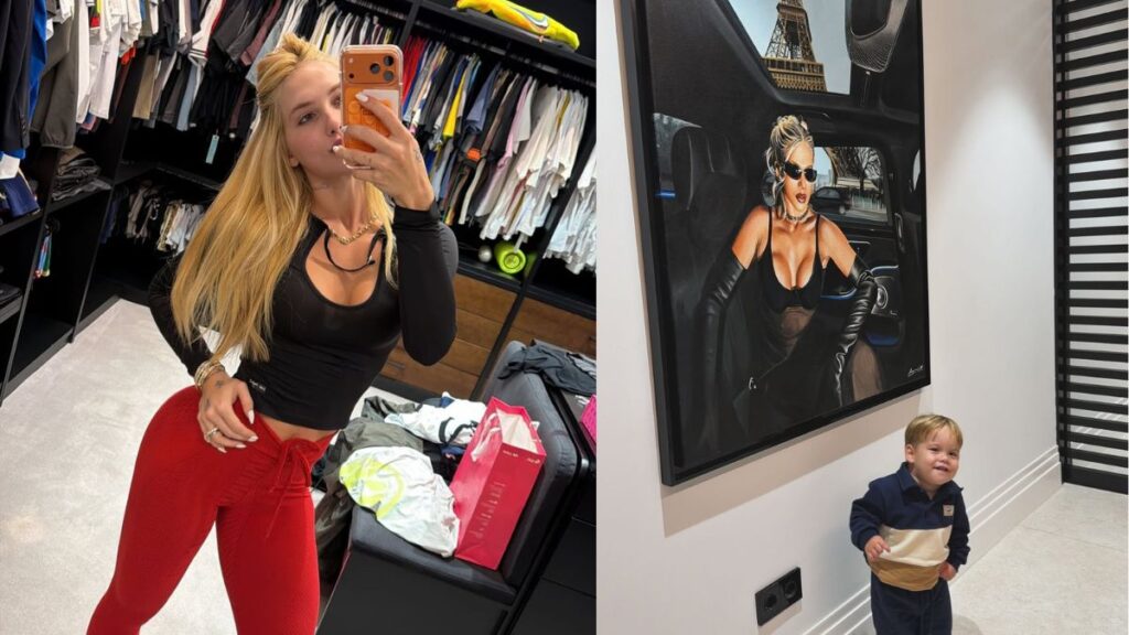 Virginia aparece nos stories usando uma roupa confortável em frente ao closet e mostra quadro com sua foto