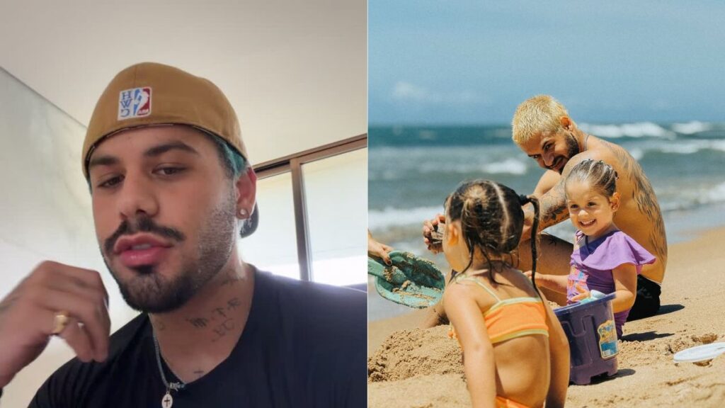 Zé Felipe toma atitude radical sobre a rotina dos filhos em novo desabafo: ‘acabou’ Zé Felipe aparece em dois momentos: em um close dentro de casa usando boné, e em outra cena na praia, sem camisa, brincando na areia com duas crianças, em clima descontraído e familiar.