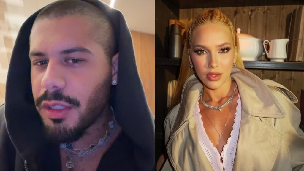 À esquerda, o cantor Zé Felipe aparece de cabeça raspada, usando moletom com capuz e acessórios em um ambiente interno; à direita, a influenciadora Virginia Fonseca posa com maquiagem marcante, cabelo loiro preso e look elegante diante de uma estante de madeira.
