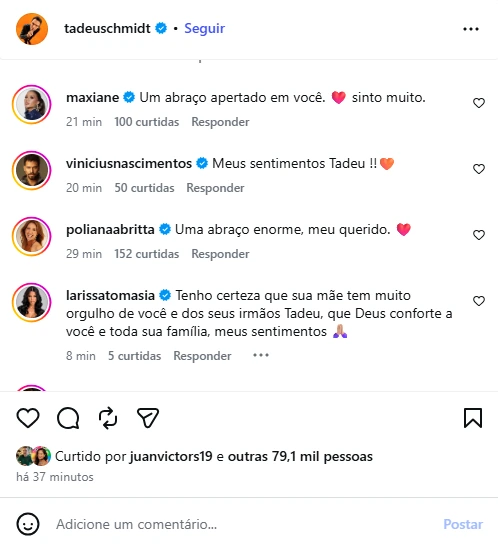Tadeu Schmidt lamenta morte da mãe após perda recente do irmão: 'nunca mais vou te ver' 2 Famosos e seguidores deixaram mensagens de apoio para Tadeu Schmidt após a morte de Dona Janira.