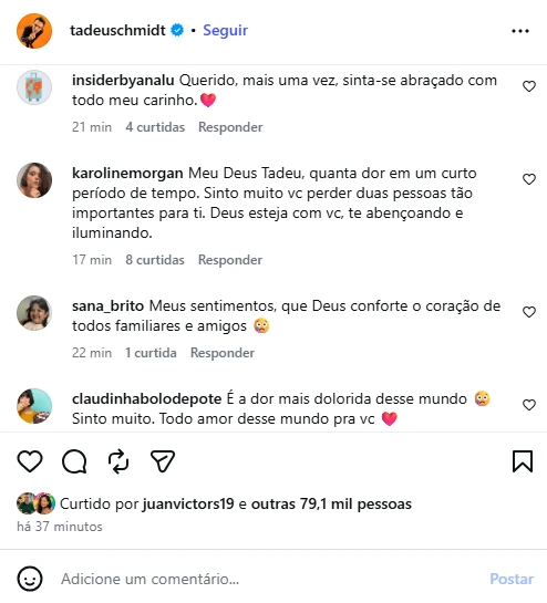 Tadeu Schmidt lamenta morte da mãe após perda recente do irmão: 'nunca mais vou te ver' 1 Internautas lamentaram o momento vivido por Tadeu Schmidt após perdas recentes na família.
