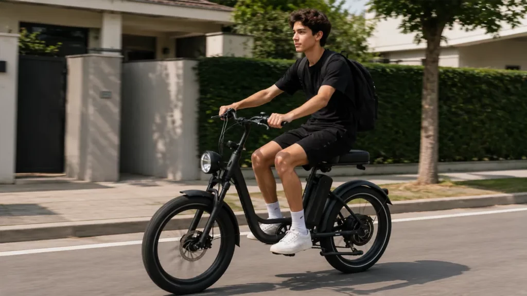 um adolescente andando de bicicleta elétrica