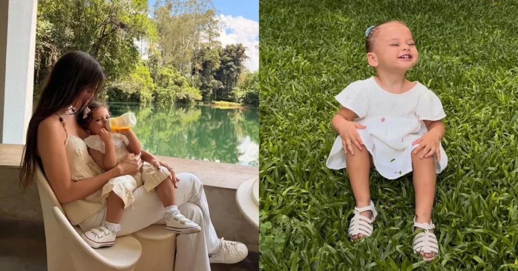 Amanda Kimberlly vai às lágrimas após atitude inesperada da filha Helena Amanda Kimberlly segura Helena no colo em área externa, ao lado de registro da menina sorrindo sentada na grama
