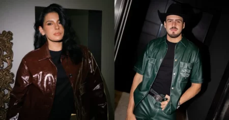 Montagem mostra Ana Castela usando casaco marrom e Jon Vlogs com look country e chapéu preto em fotos publicadas nas redes sociais.