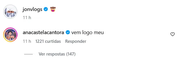 Ana Castela comenta foto de Jon Vlogs e interação agita fãs com rumores de romance 1 Ana Castela comenta “vem logo meu” em publicação de Jon Vlogs no Instagram, aumentando rumores de affair entre os dois nas redes sociais.